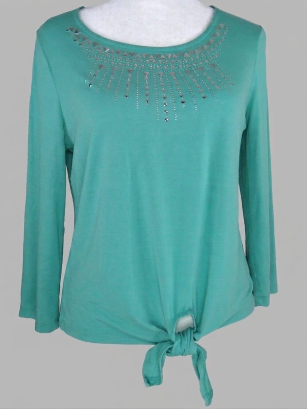 JM Collection Women's Green 3/4-Sleeve Pullover Embellished Top Size PM (C2021)